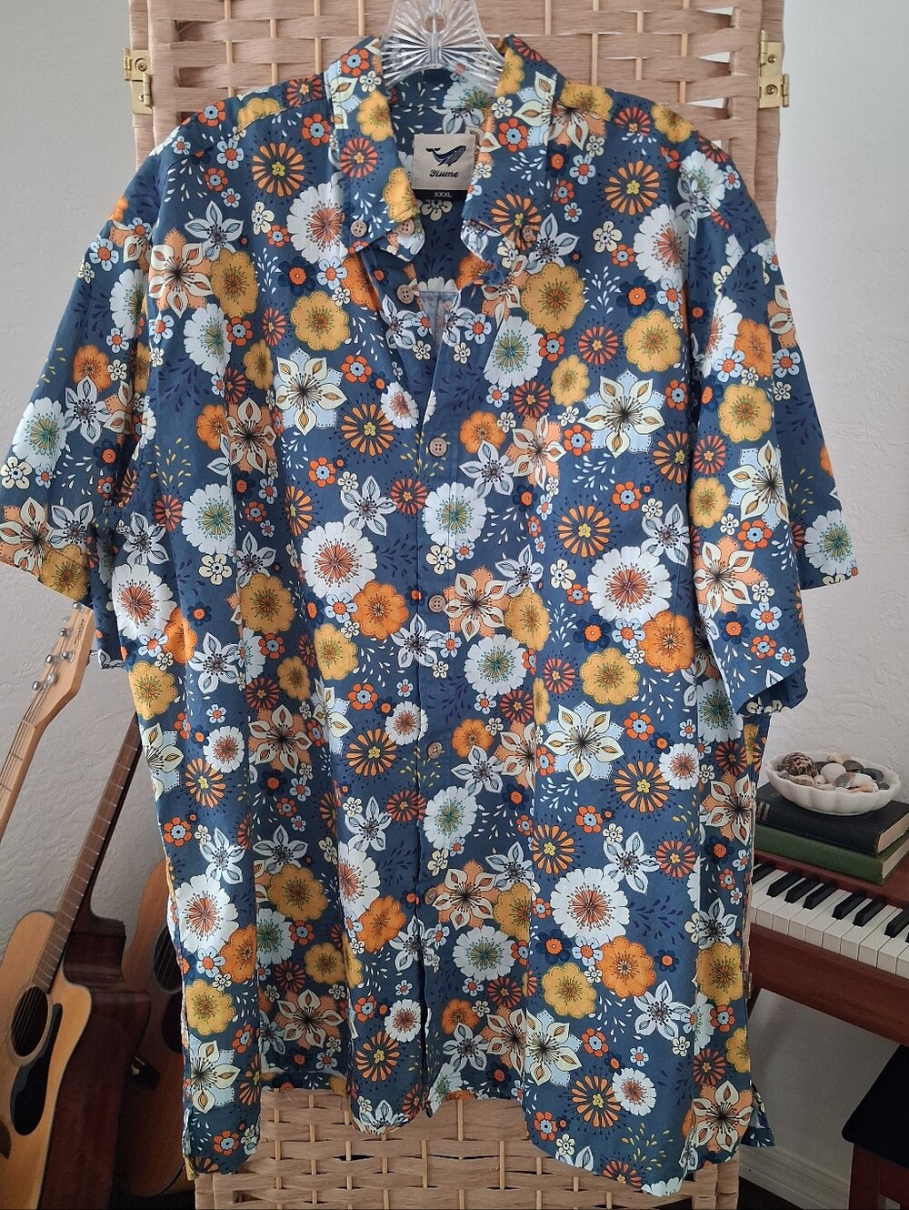 Yiume Blue Short-Sleeve Button-Down Shirt Floral Print Men's 3XL